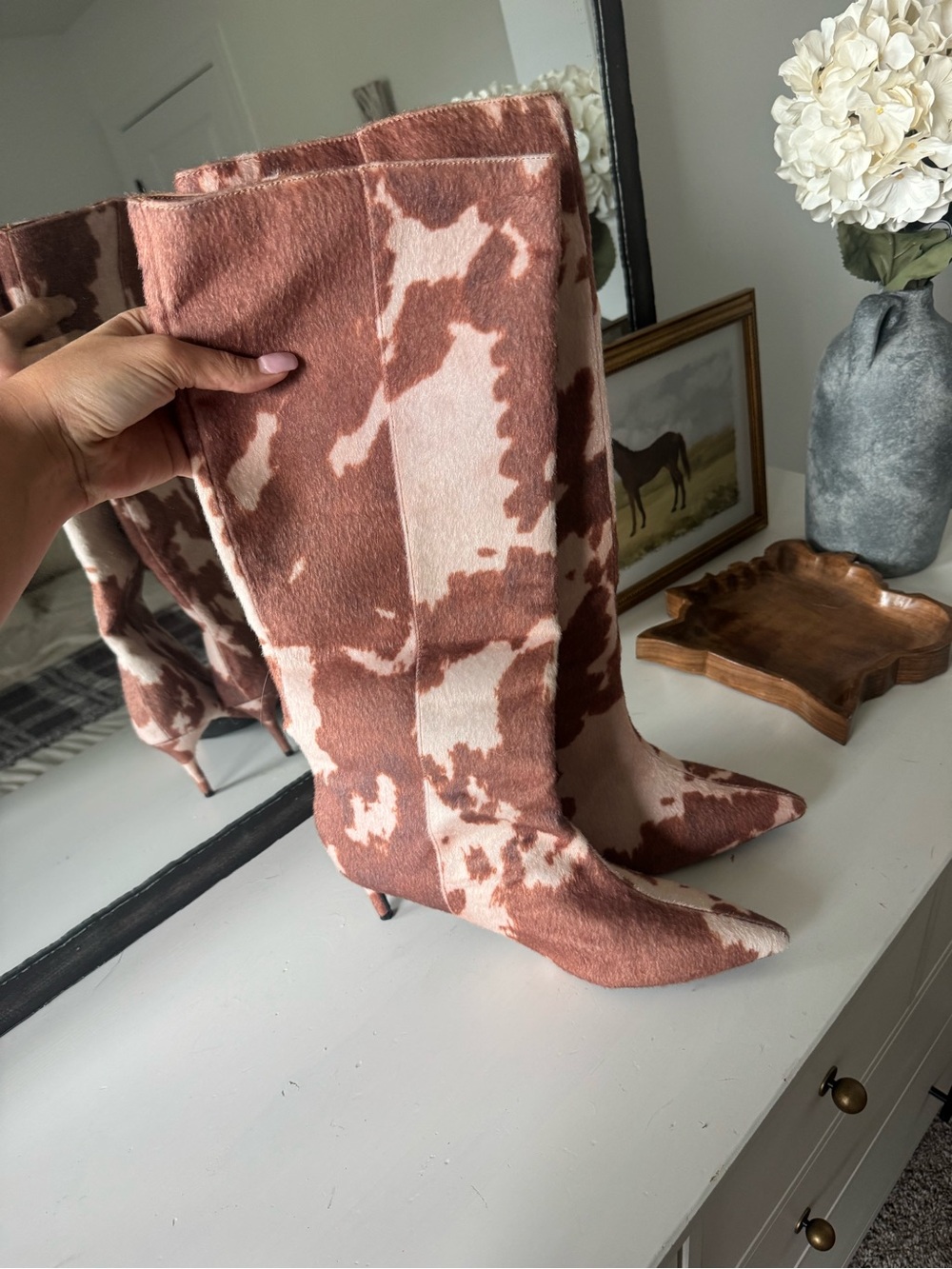 Women's Cowhide Print Knee-High Kitten Heel Boots